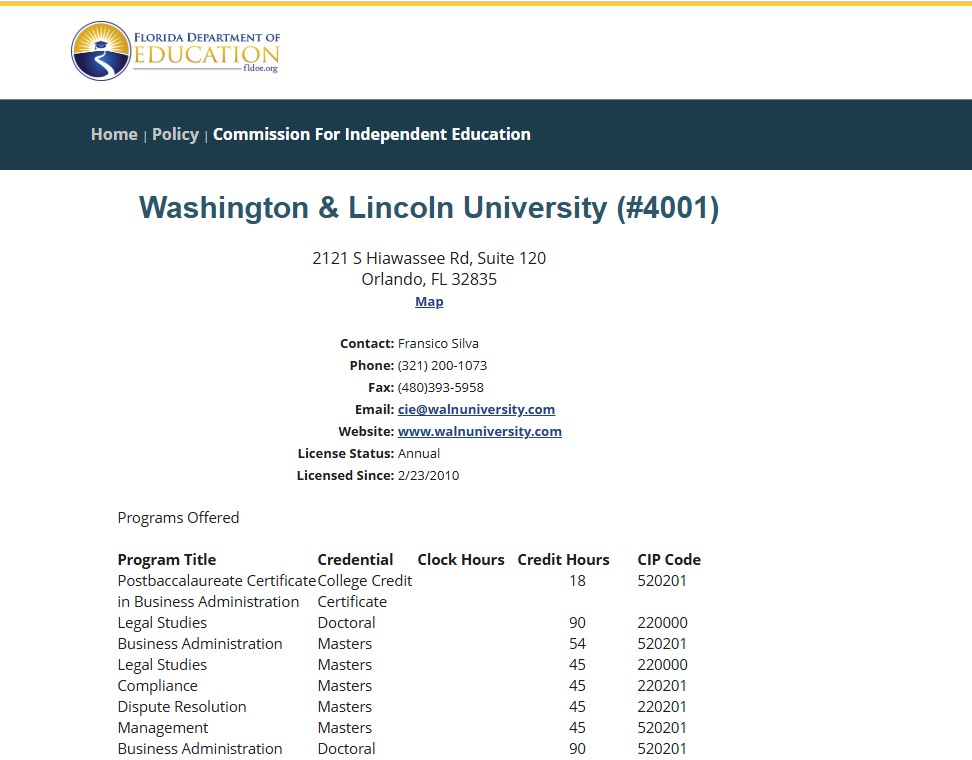 Registro oficial da Washington & Lincoln University, licença CIE-4001