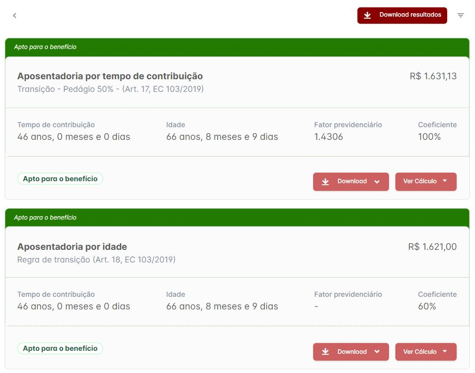 Captura demonstrativa de cálculo de benefício: comparação de duas regras, valores, requisitos e acesso ao cálculo. Dados fictícios.