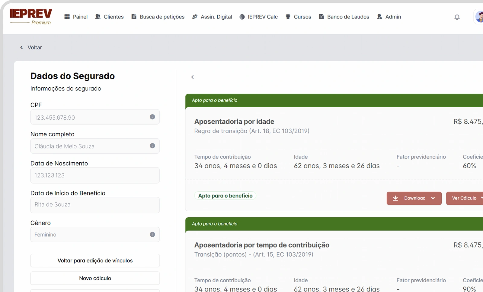 Tela da plataforma IEPREV Calc